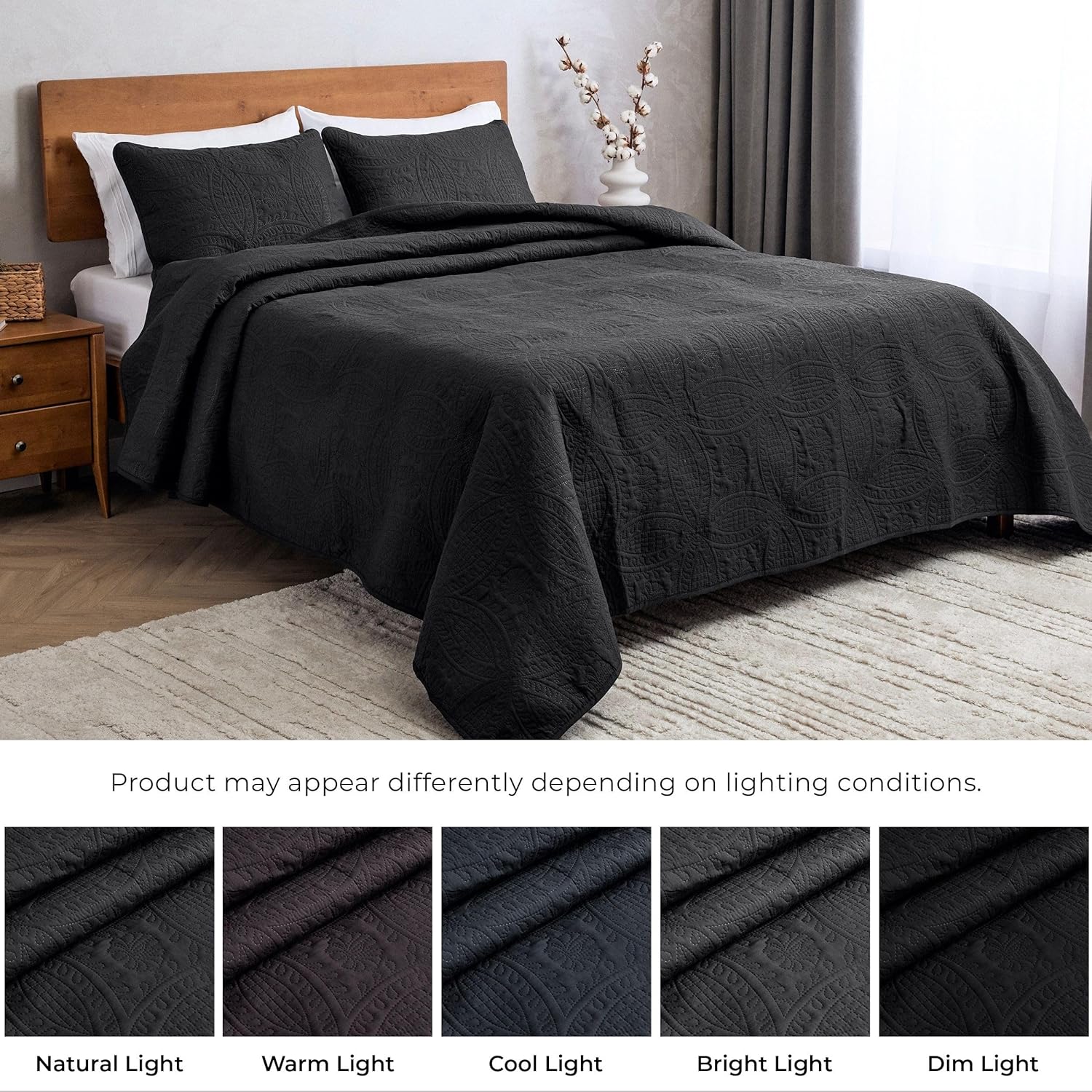 Mellanni Bedspread Coverlet Set - Full/Queen Bedding Cover with Shams - Ultrasonic Quilting Technology - 3 Piece Oversized Black Quilt Set - Bedspreads & Coverlets (Full/Queen, Black) 