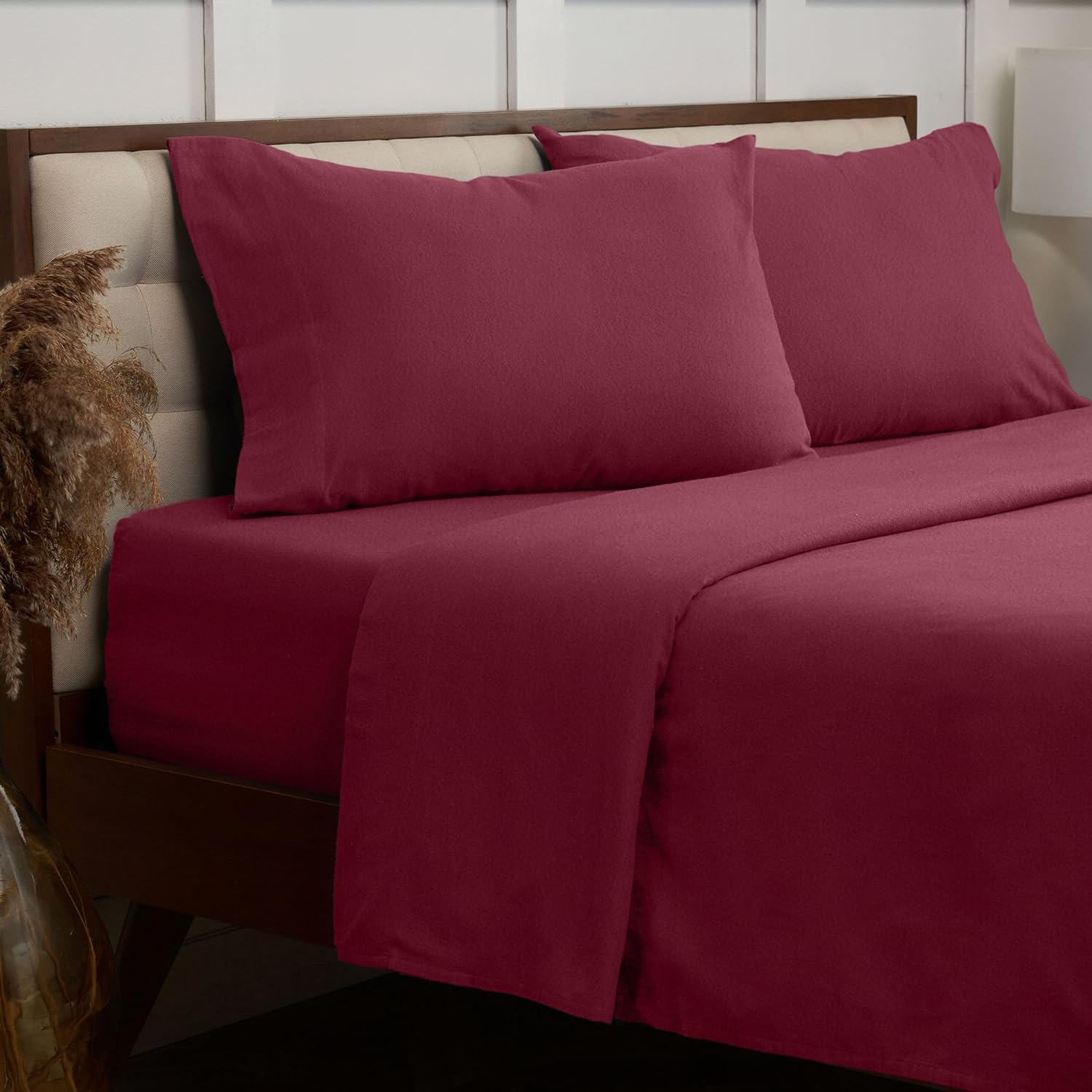 Mellanni Cotton Flannel Queen Sheets Set - Double Brushed for Extra Softness & Comfort - Luxury Lightweight Burgundy Sheets Set - Deep Pocket Fitted Sheet up to 16 inch - 4 PC Set (Queen, Burgundy) 