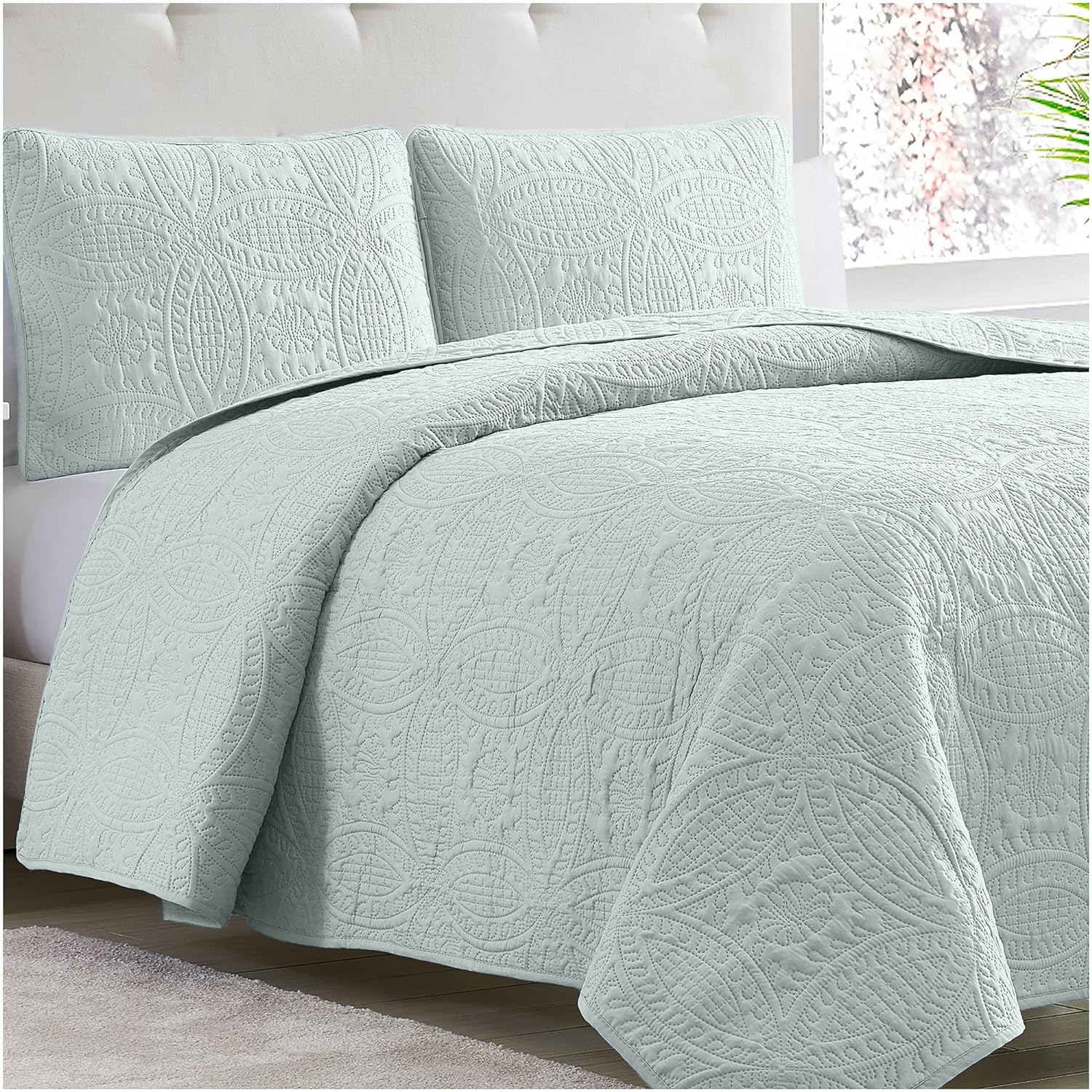 Mellanni Full/Queen Size Bedspread Coverlet Set - Bedding Cover with Shams - Ultrasonic Quilting Technology - 3 Piece Oversized Quilt Set - Bedspreads & Coverlets (Full/Queen, Spa Mint) 