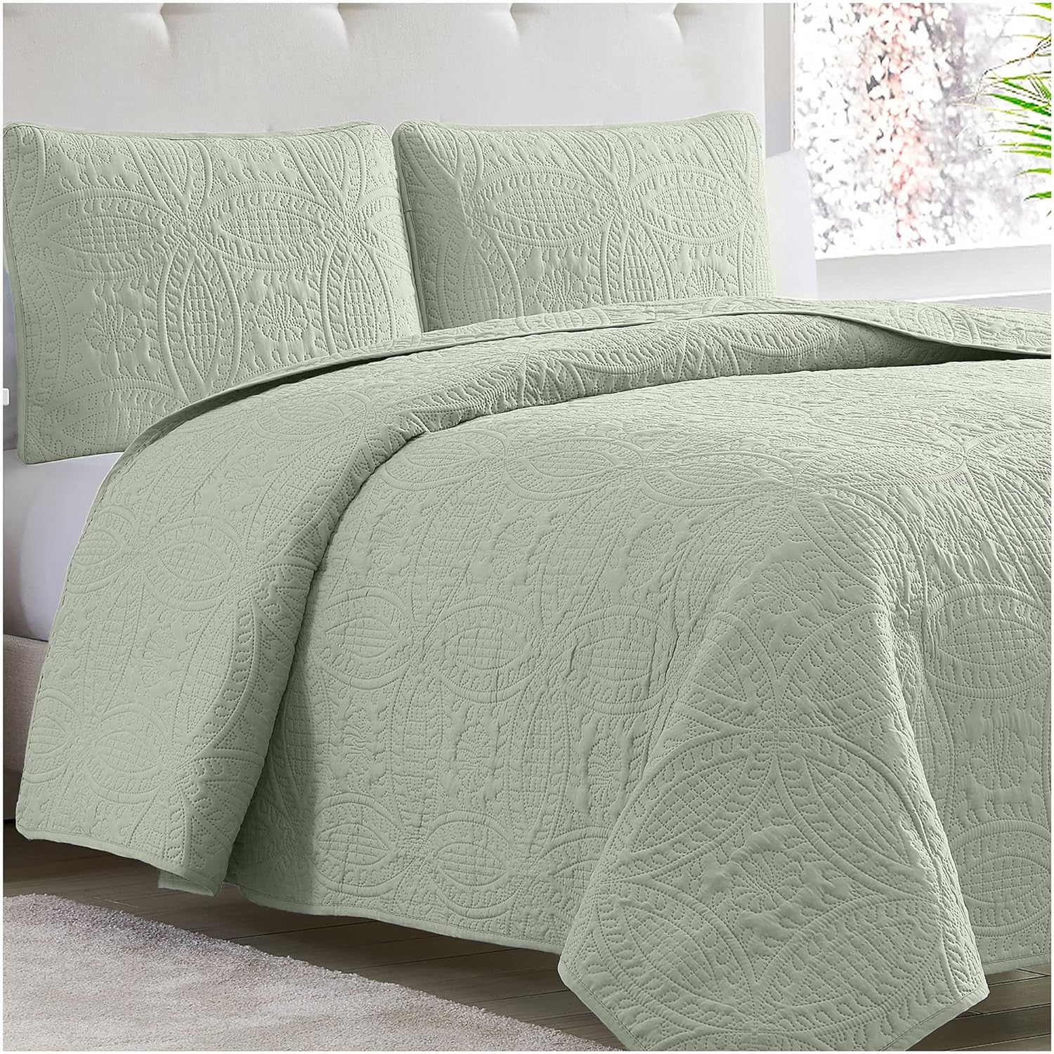 Mellanni Bedspread Coverlet Set - Bedding Cover with Shams - Ultrasonic Quilting Technology - 3 Piece Oversized Full/Queen Size Quilt Set - Bedspreads & Coverlets (Full/Queen, Olive Green) 