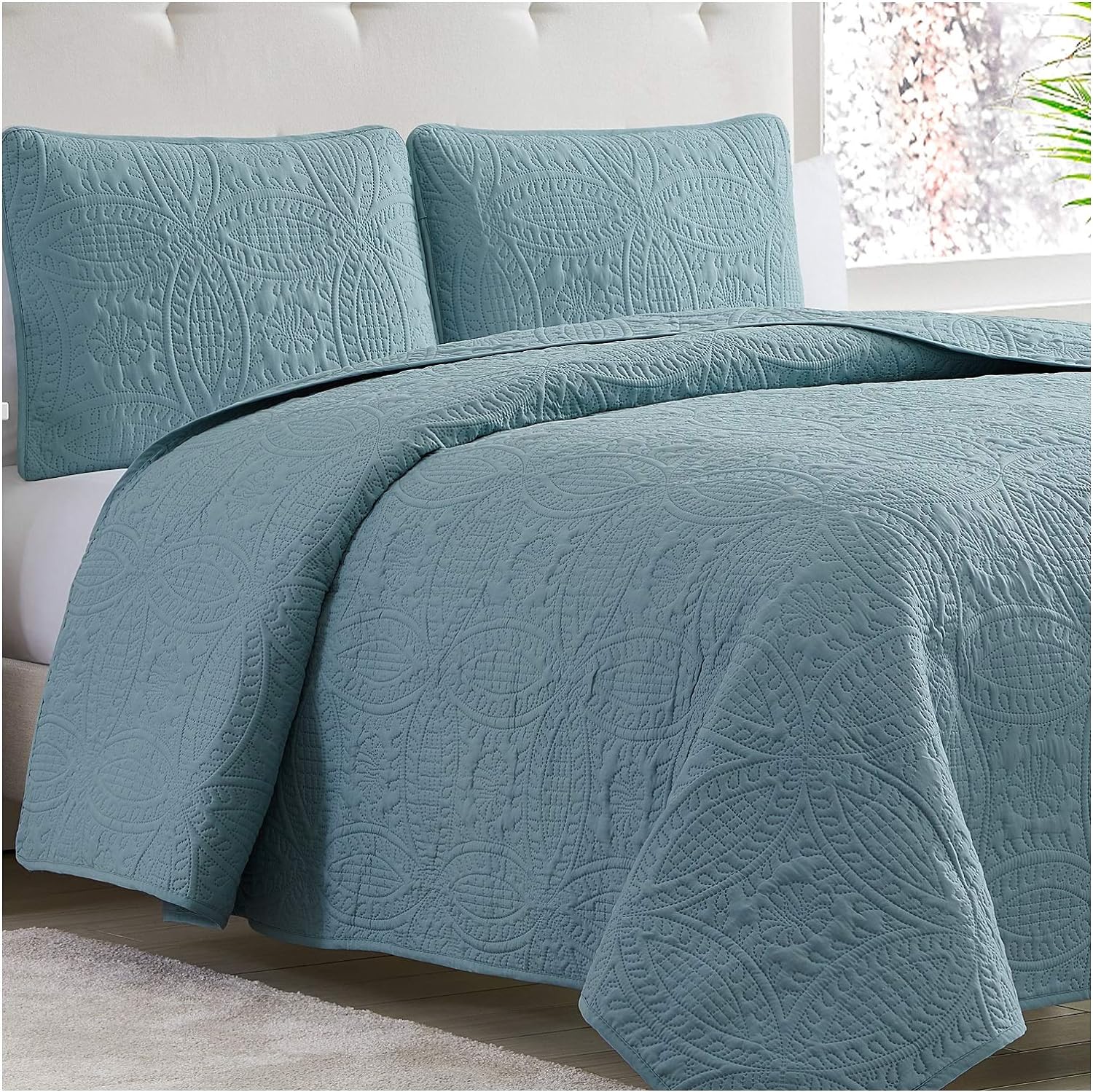 Mellanni Bedspread Coverlet Set - Bedding Cover with Shams - Ultrasonic Quilting Technology - 3 Piece Oversized Full/Queen Quilt Set - Bedspreads & Coverlets (Full/Queen, Spa Blue) 