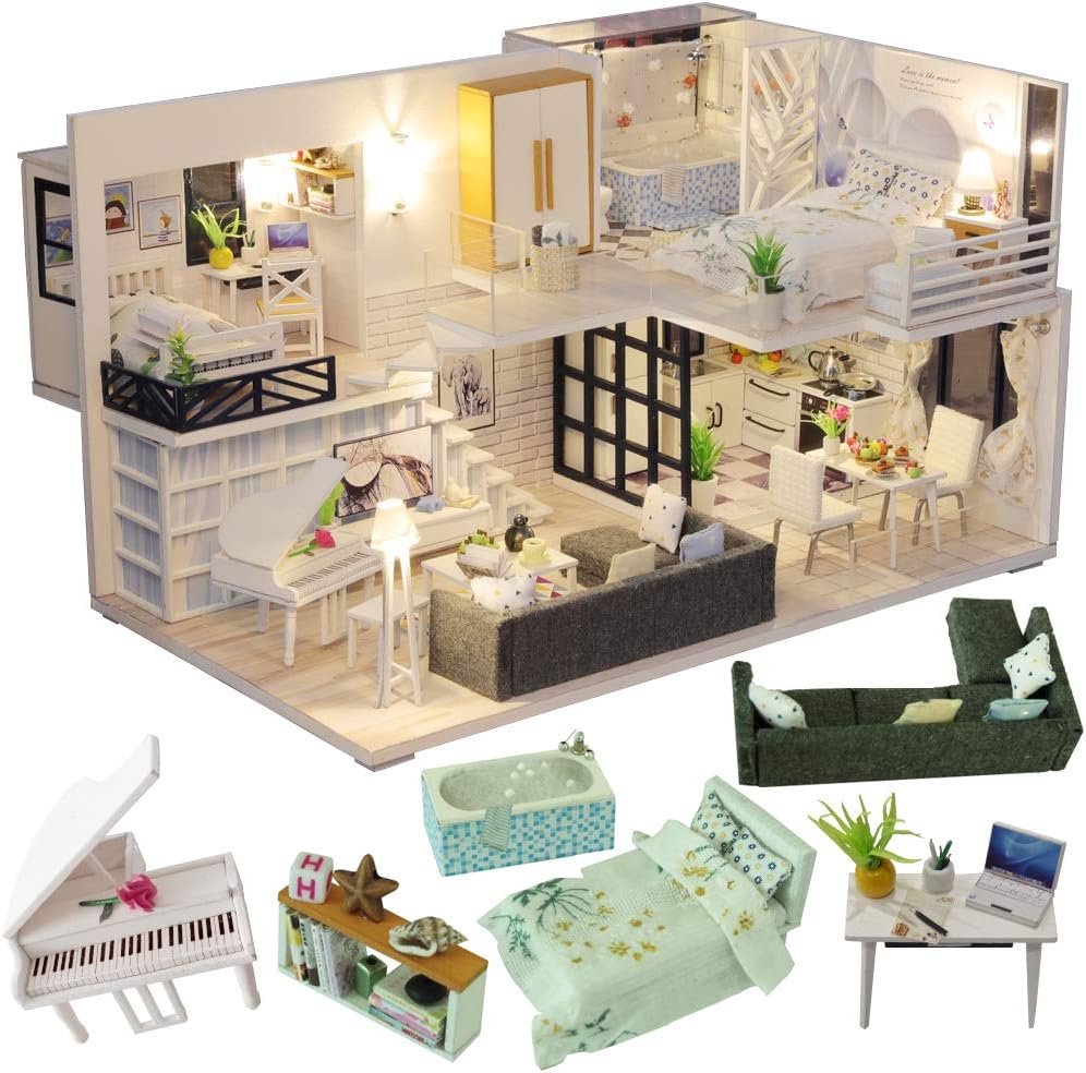 CUTEBEE Dollhouse Miniature with Furniture, DIY Dollhouse Kit Plus Dust Proof and Music Movement, 1:24 Scale Creative Room for Valentine's Day Gift Idea M21