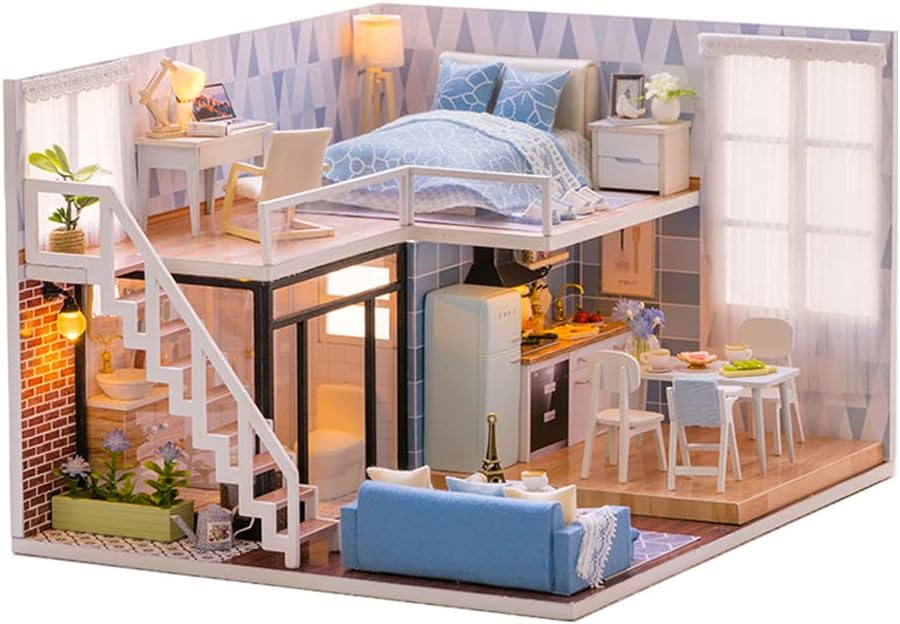 CUTEBEE Dollhouse Miniature with Furniture, DIY Wooden Dollhouse Kit Plus Dust Proof and Music Movement, 1:24 Scale Creative Room for Valentine's Day Gift Idea(Blue time)