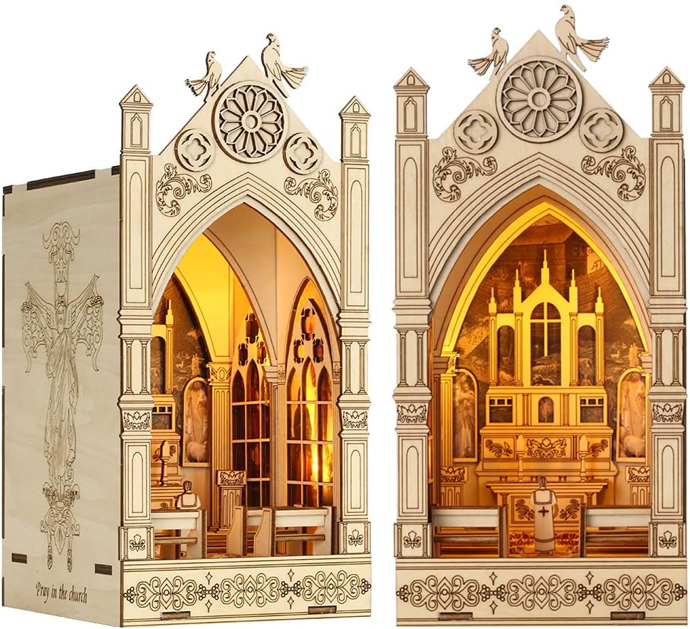 CUTEBEE 3D Wooden Puzzle DIY Dollhouse Booknook Bookshelf Insert Decor Alley,Bookends Model Build-Creativity Kit with LED Light (Pray in The Church)