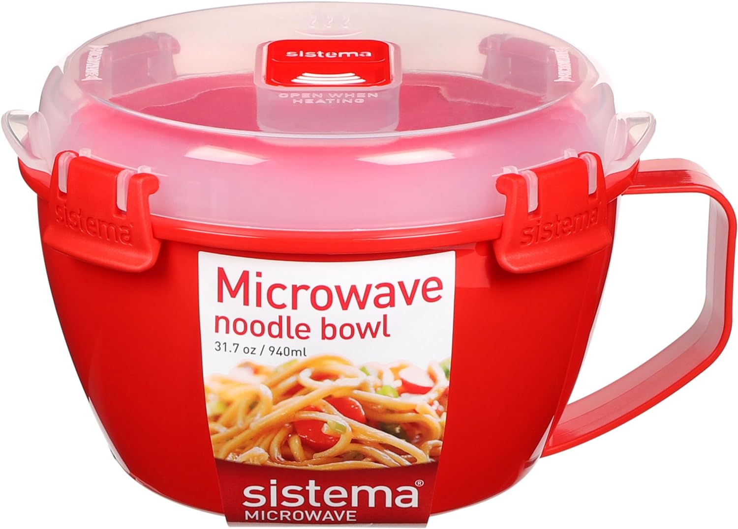  Sistema Microwave Bowl for Noddles, Pasta, and Soup with Lid and Handle, Dishwasher Safe, 31.7-Ounce, Red 