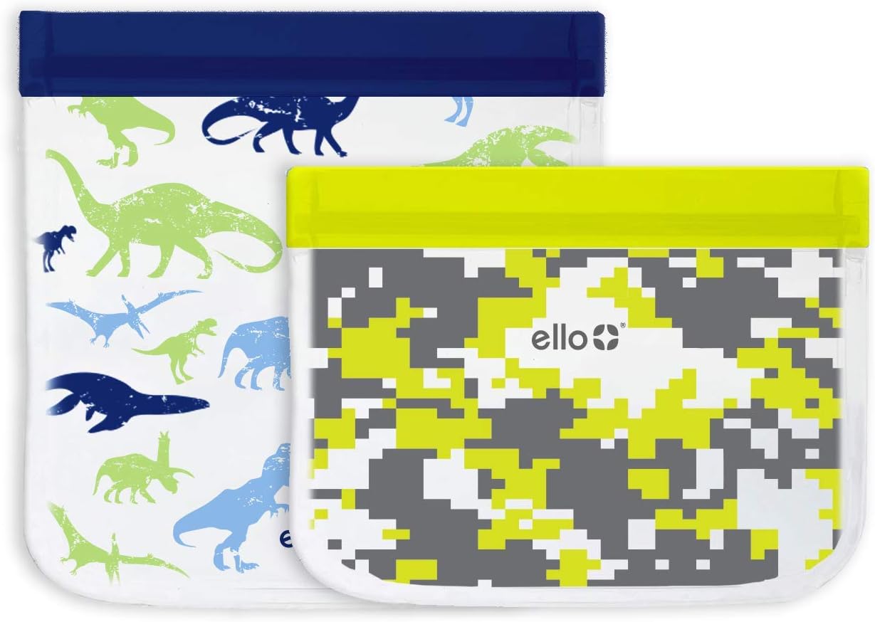 Ello Kids 4 Pack Reusable PEVA Leakproof 2 Lunch & 2 Snack Food Bags