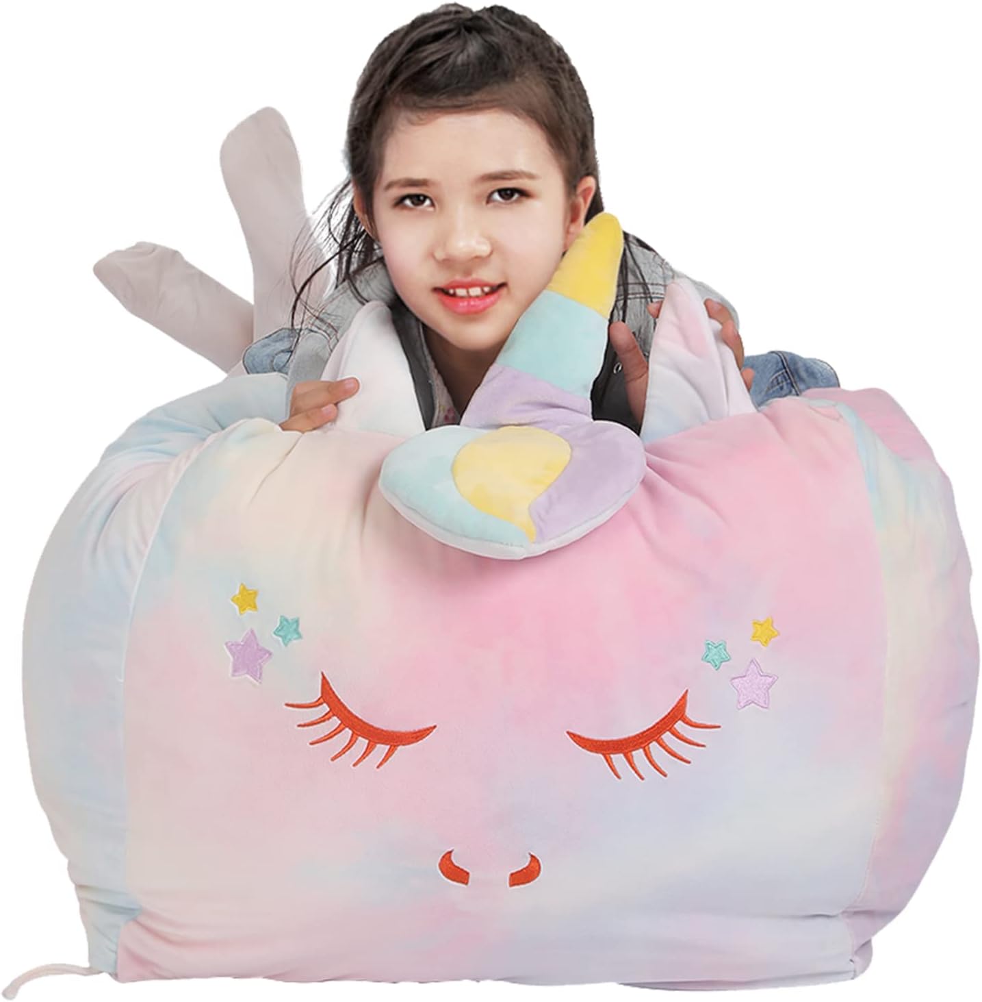 Yoweenton Unicorn Bean Bag Chair for Girls Room Decorations, Zipper Storage BeanBags for Organizing Stuffed Animals, Velvet Extra Soft Cover Only