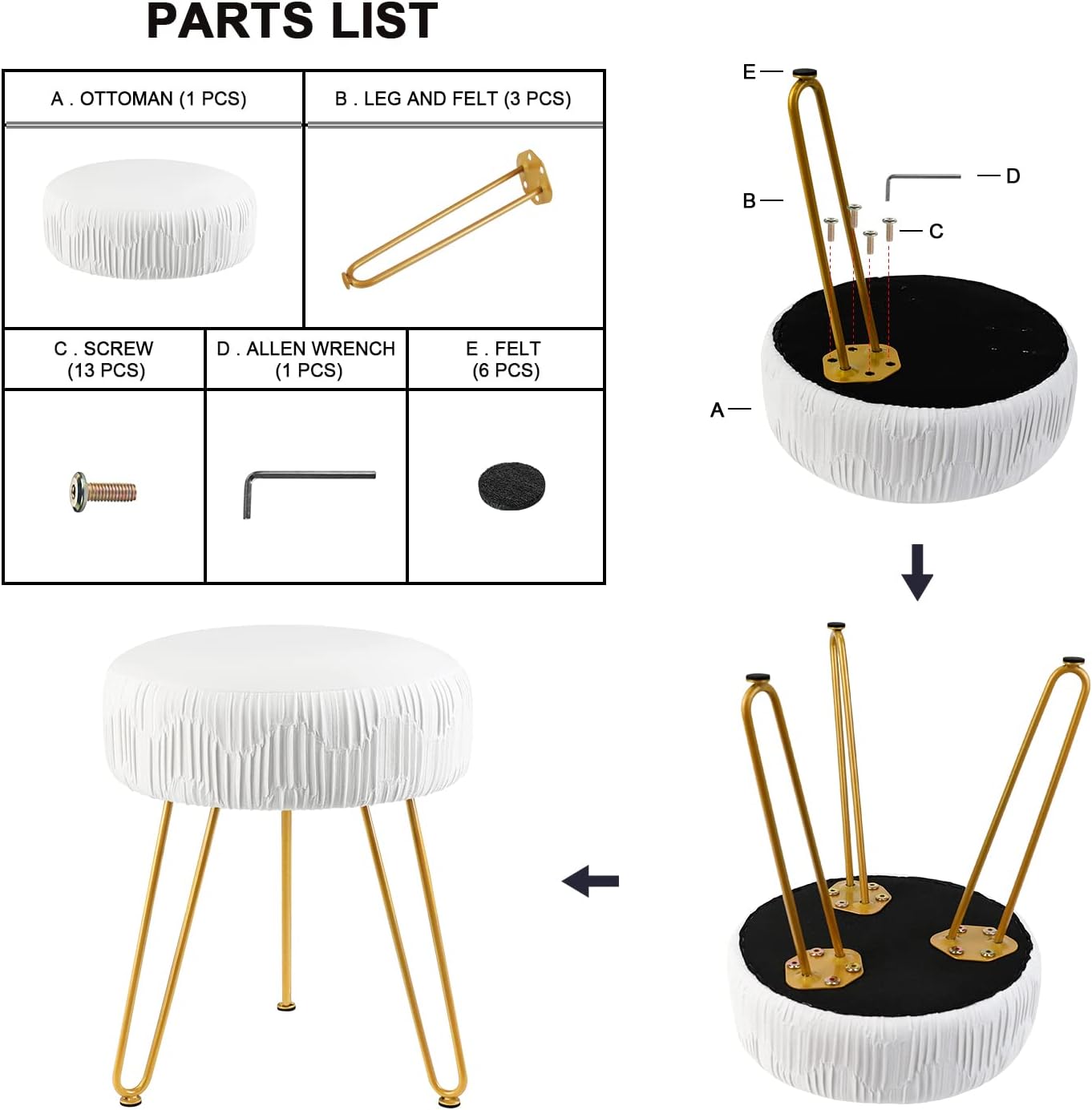  GRUNEN WOLKEN Velvet Footrest Multifunctional Vanity Stool Ottoman Round Modern Upholstered Foot Stool - Golden Metal Leg - Dressing Table Stool, Shoes Bench in Living Room Bedroom 