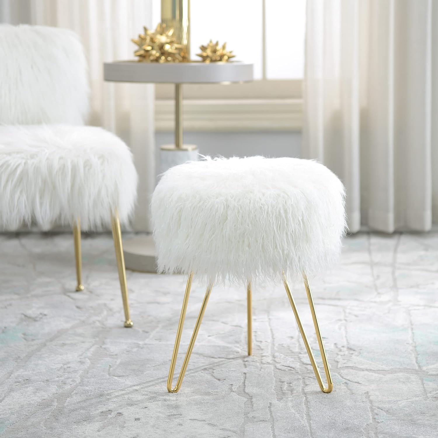  C COMFORTLAND White Faux Fur Vanity Stool, Small Fluffy Vanity Seat, Round Fuzzy Makeup Chair, Furry Ottoman Foot Stool for Dressing Room, Bedroom, Living Room or Kids Room 