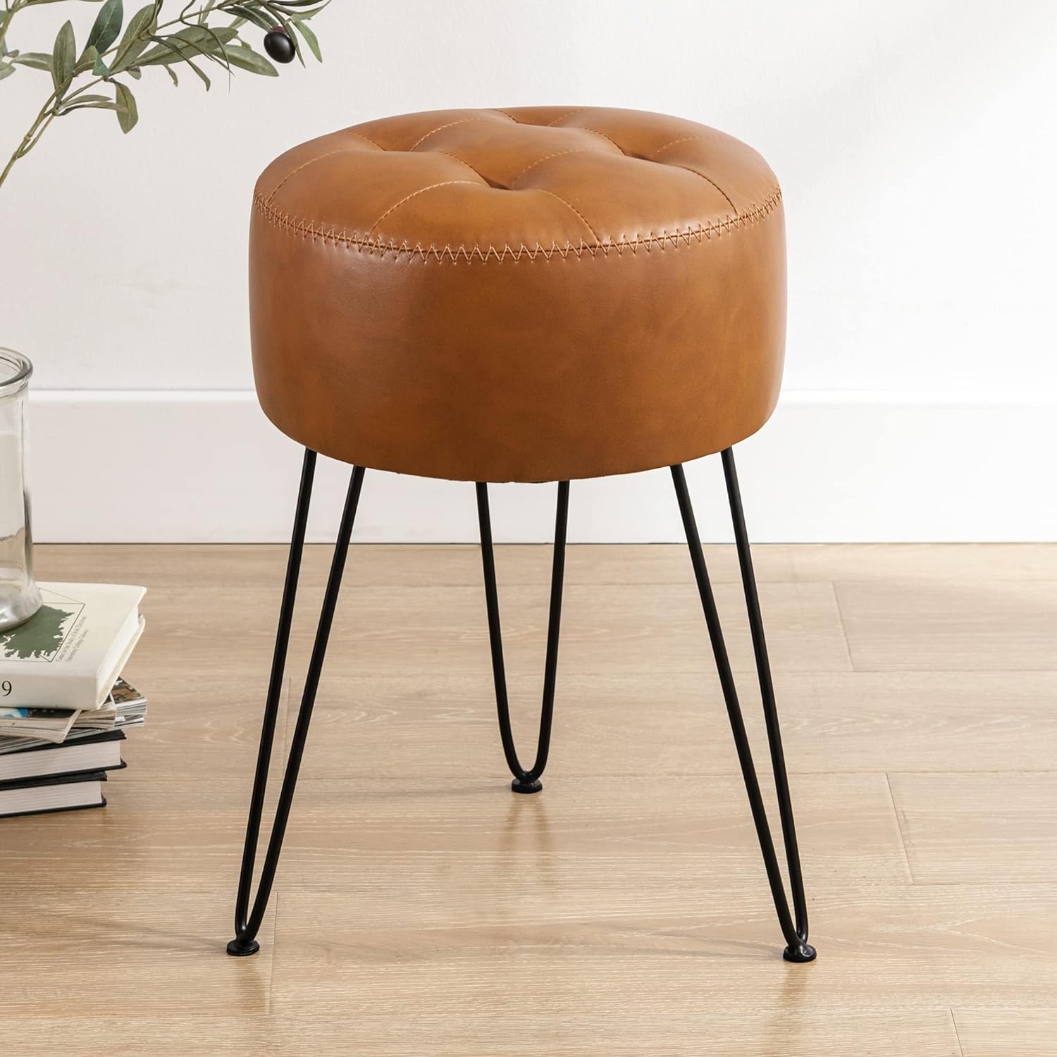  LUE BONA Faux Leather Vanity Stool Chair for Makeup RoomBrown Stool for Vanity, 19 Height, Tufted Small Vanity Chair Stool with Metal Legs, Modern Foot Stool Ottoman for Bedroom, Living Room 