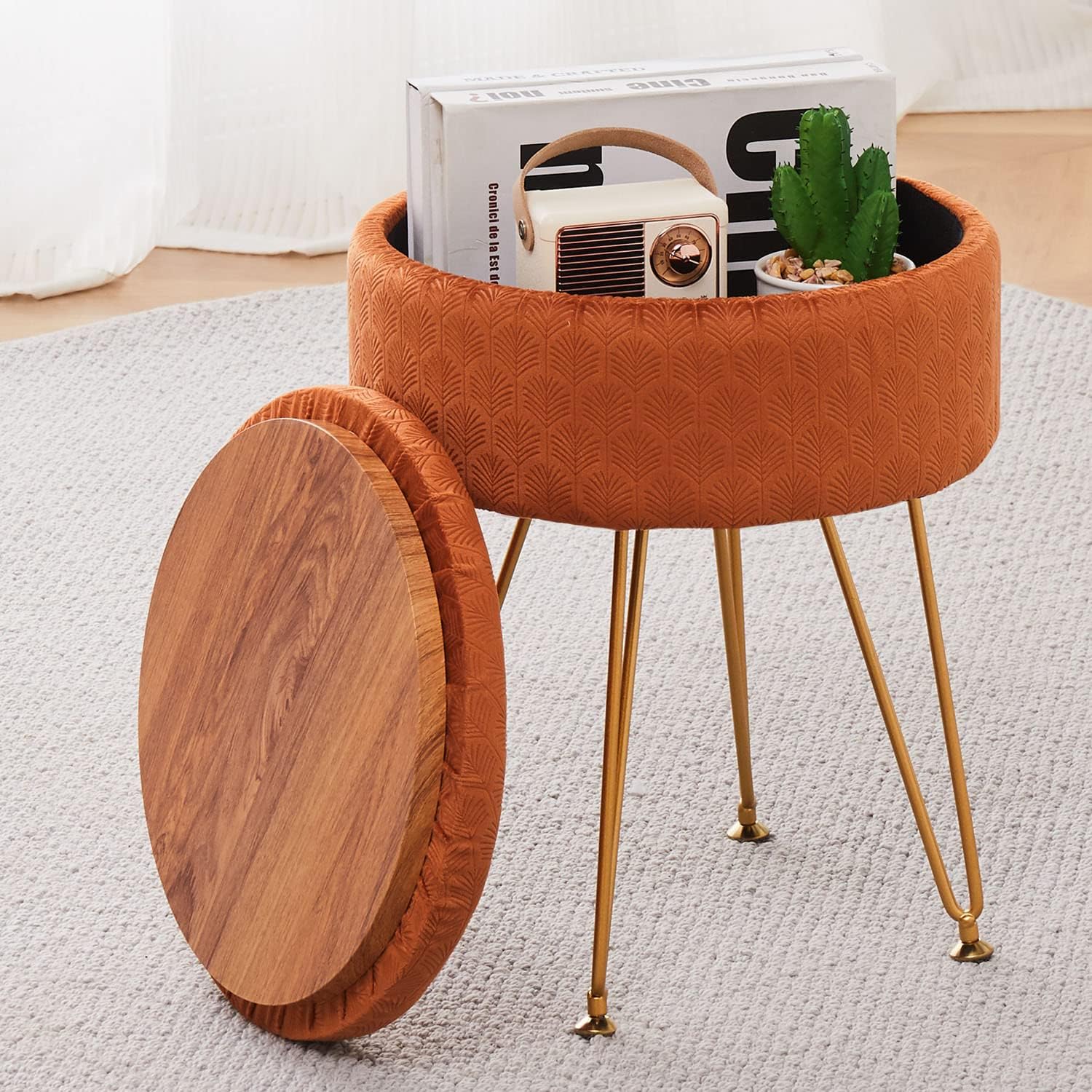  Cpintltr Modern Velvet Foot Rest Stool Upholstered Round Storage Ottomans Multipurpose Dressing Stools Luxury Home Decor Ottoman Coffee Table Top Cover Footstool with Metal Legs Pumpkin Brown 