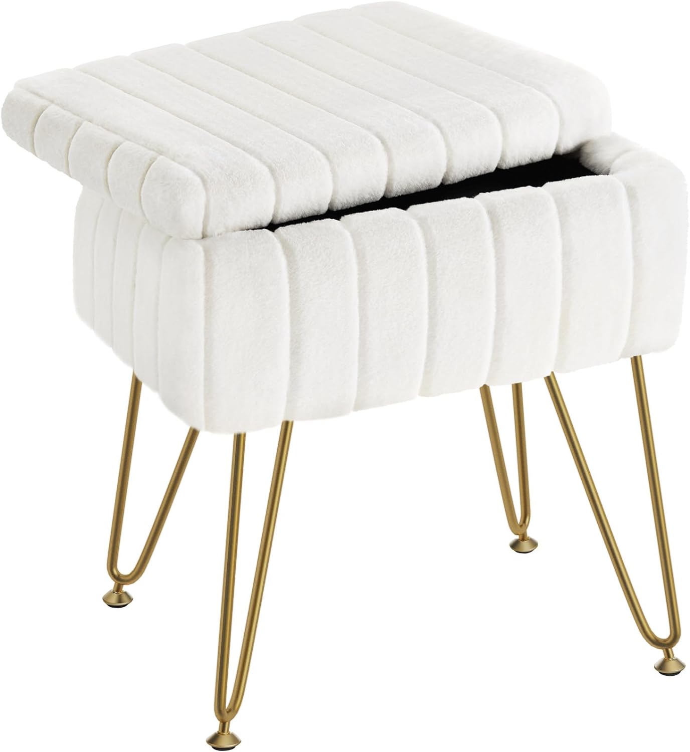  Greenstell Vanity Stool Chair Faux Fur with Storage, 15.7L x 11.8W x 19.4H Soft Ottoman 4 Metal Legs with Anti-Slip Feet, Furry Padded Seat, Modern Multifunctional Chairs for Makeup, Bedroom White 