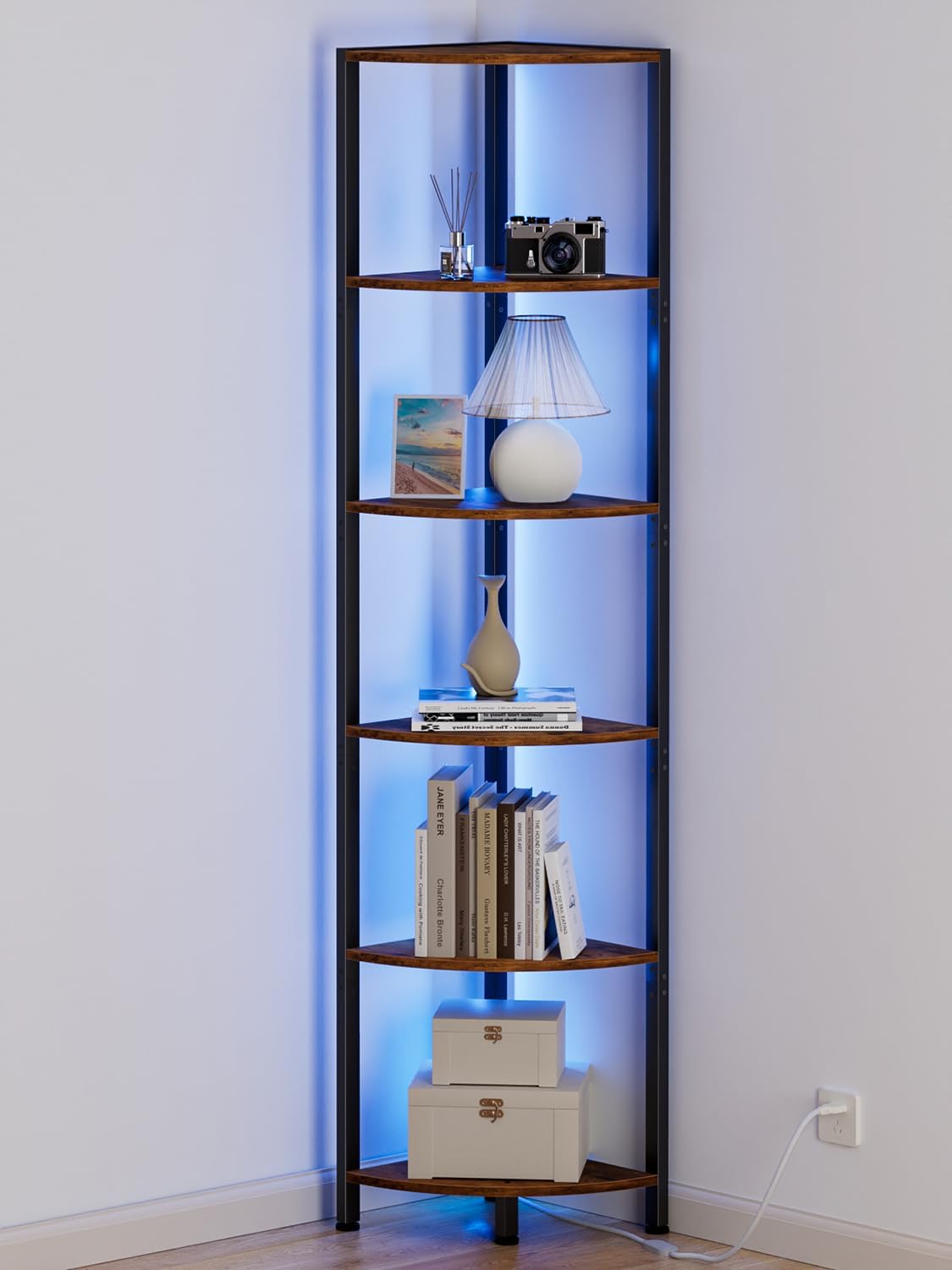  Furnulem 6 Tier Corner Shelf with LED Light, 67.5 Tall Standing Shelf Organizer, Narrow Bookshelf with Storage Rack for Wall Corner, Living Room, Bedroom, Metal Frame, Wood Display Shelf 