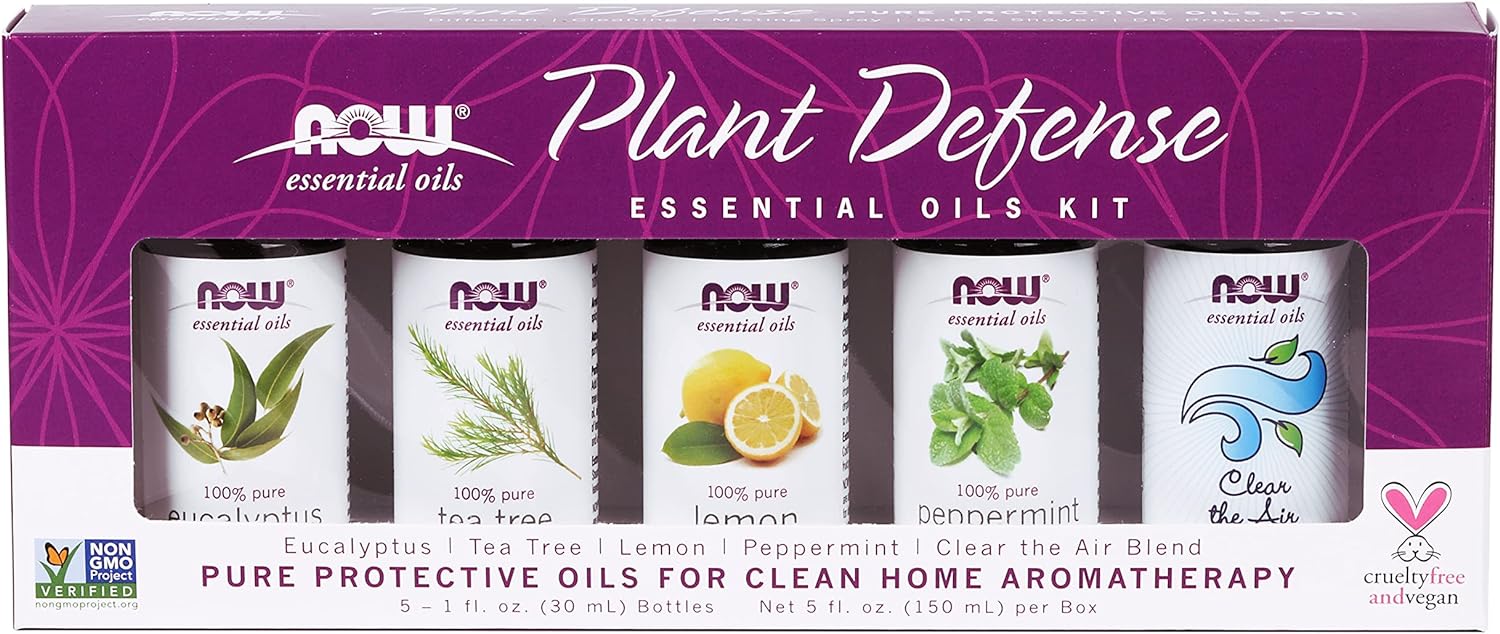 NOW Essential Oils, Plant Defense Essential Oils Kit, 5x30ml including: Eucalyptus, Tea Tree, Lemon, Peppermint and Clean the Air Essential Oils With Child Resistant Caps