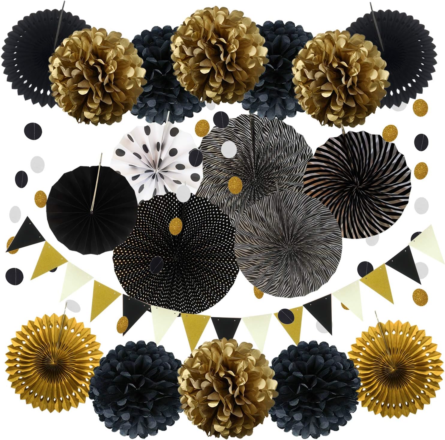 ZERODECO Party Decoration, 21 Pcs Black and Gold Hanging Paper Fans, Pom Poms Flowers, Garlands String Polka Dot and Triangle Bunting Flags for Birthday Parties Wedding Dcor, Table & Wall Decorations