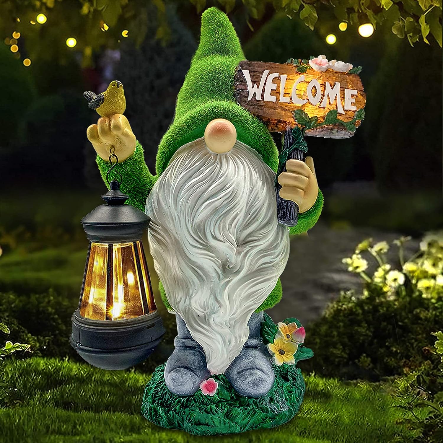 Lovinland Garden Gnome Statue Outdoor Decor Large Flocked Resin Gnome Figurine with Solar Light Holding Lantern Welcome Sign Garden Yard Decorations Dwarf Sculpture for Outside Patio Porch Lawn Decor