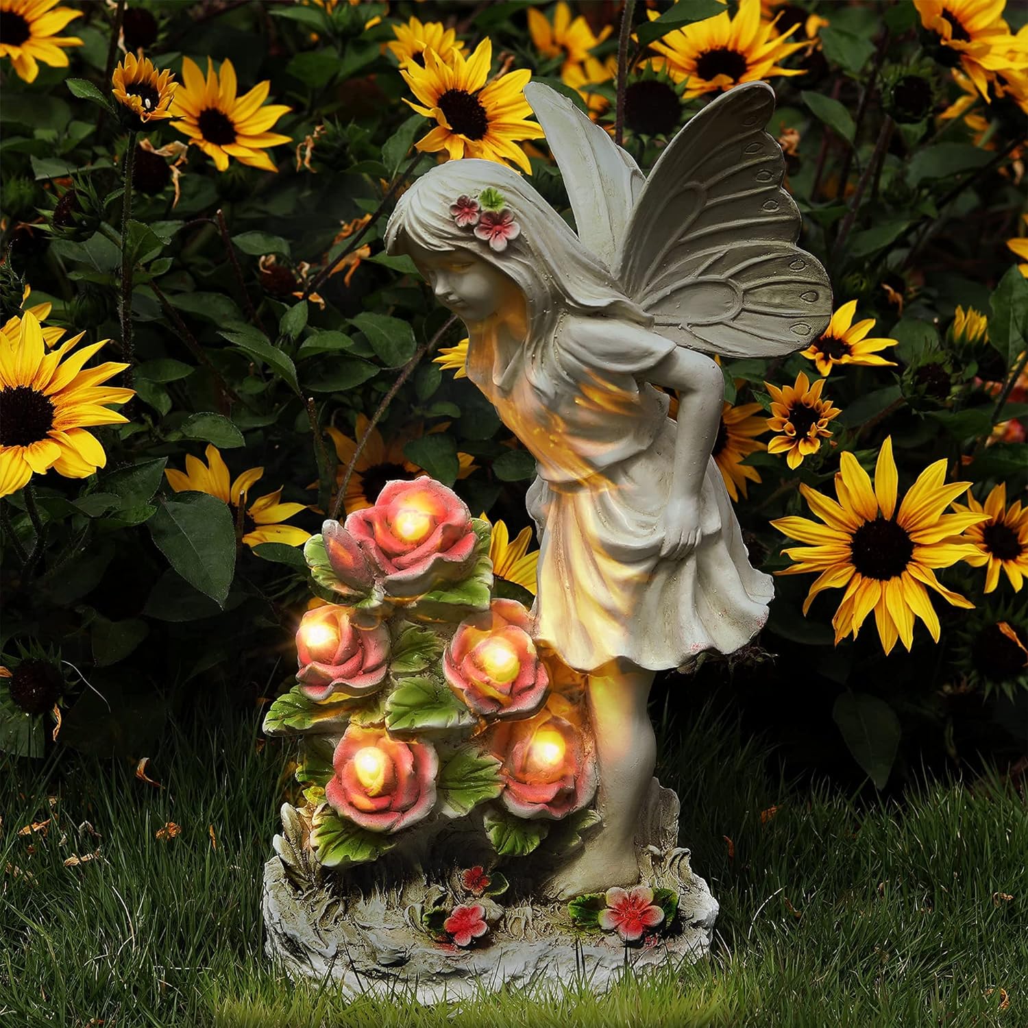 Voveexy Garden Figurines Angel Garden Statue Outdoor Decor, Solar Powered Resin Sculpture with 5 LEDs Art Decoration for Patio Lawn Yard Porch, Ornament Housewarming Garden Gift