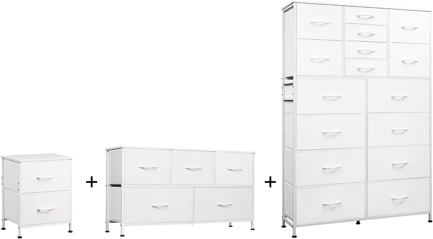 WLIVE 2 Drawer Nightstand, 5 Drawers Dresser and 16 Drawers Dresser Set, Dresser for Bedroom, Storage Dresser Organizer Unit, Dressers & Chests of Drawers with Fabric Bins, White