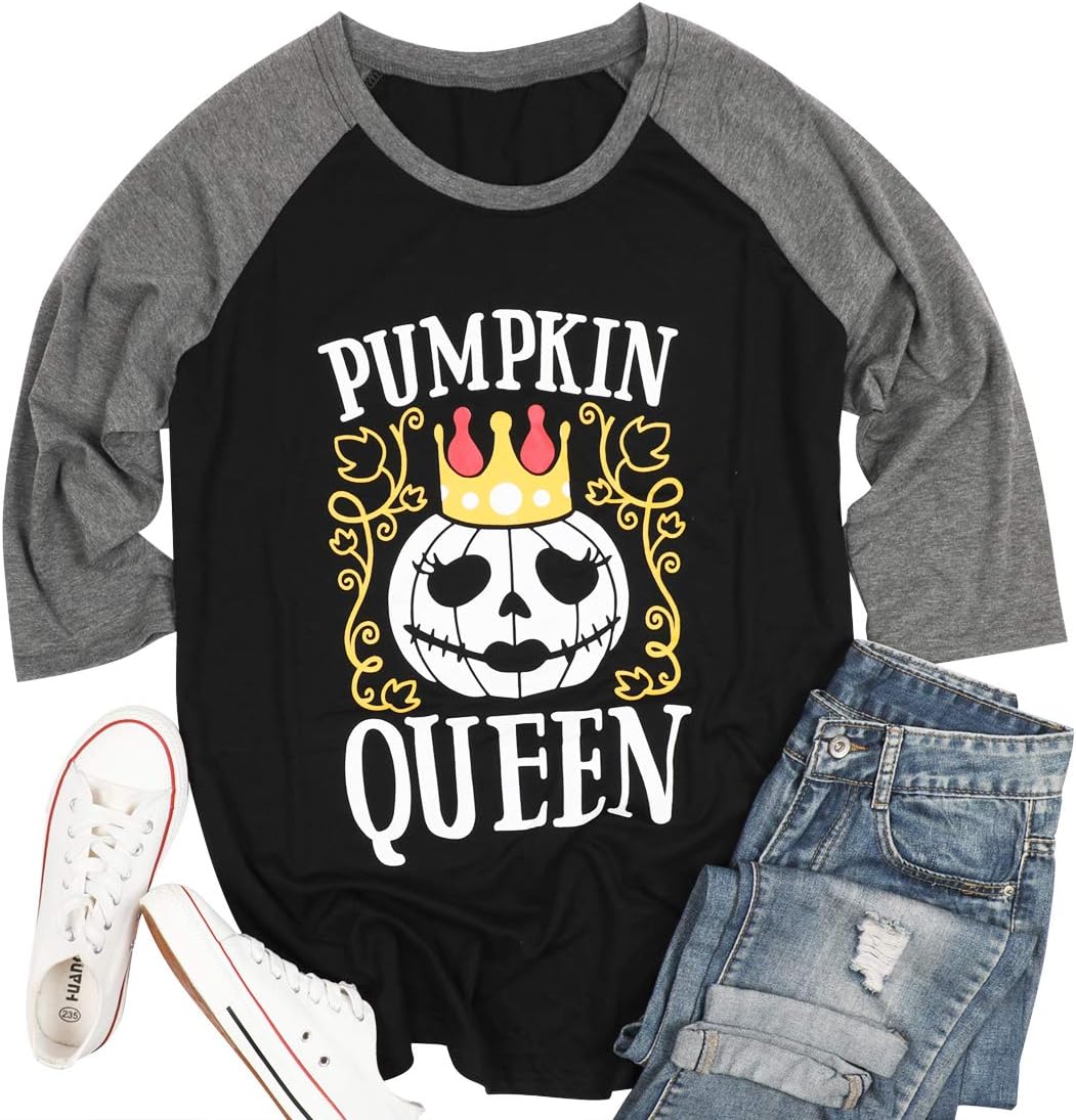 Pumpkin Queen Halloween Graphic T Shirt Plus Size Women 3/4 Raglan Sleeve Shirts Fall Casual Top