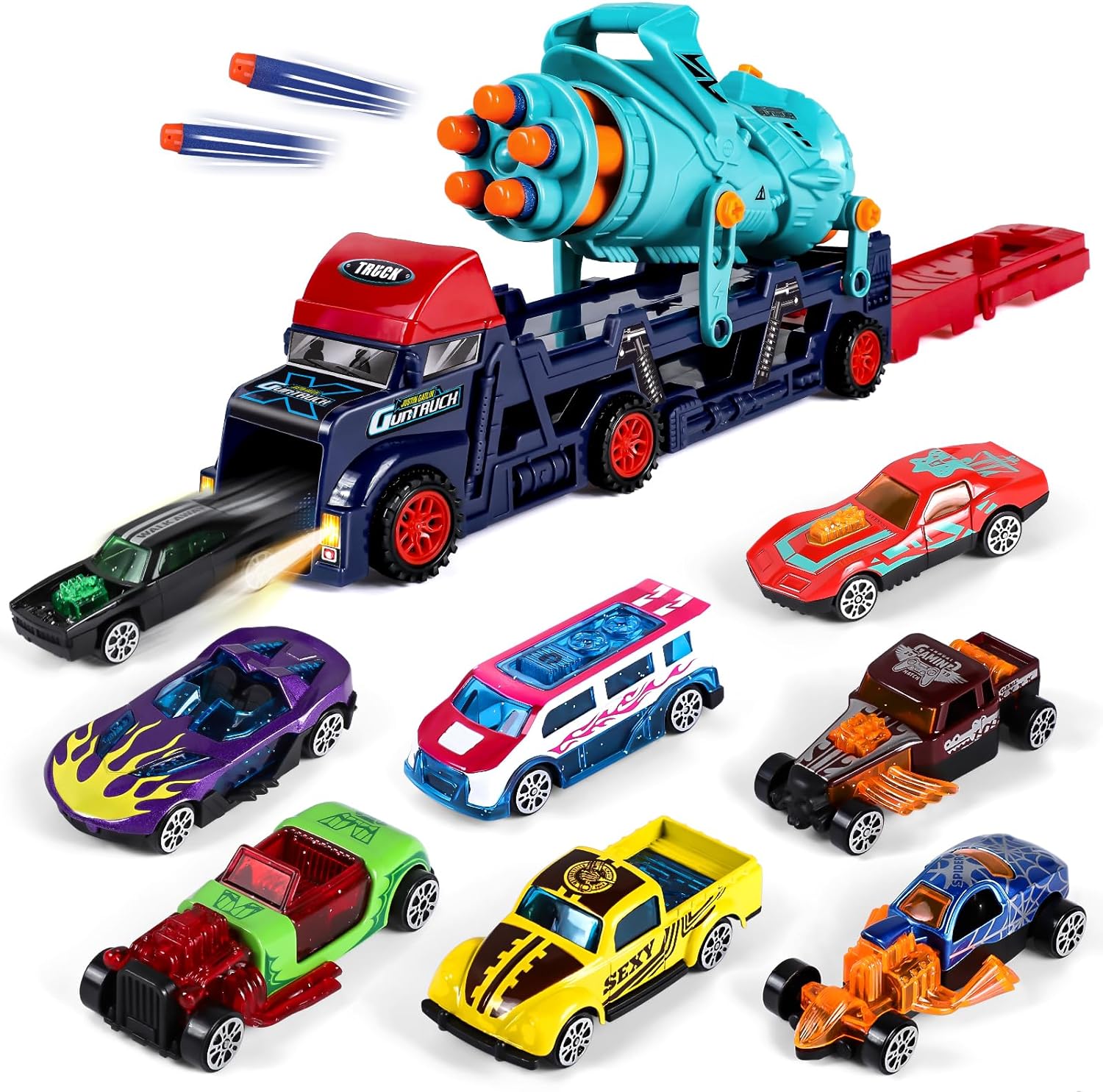 AOKESI Car Carrier Truck Toys for Kids, 4 in 1 Transport Truck Carrier Launcher Toys with 8 Alloy Car, Ideal Gift for Boys Aged 3 