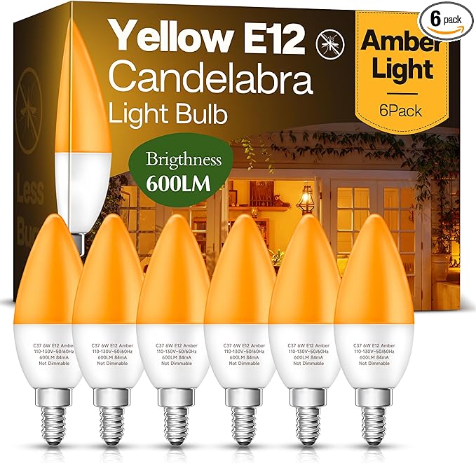 Eastiya Yellow Bugs LED Light Bulbs, Yellow E12 Candelabra Light Bulbs, 60 Watt Equivalent, 2000K, Amber LED Bulbs for Outdoor, Porch, Patio, Backyard, Non-Dimmable, 6Pack