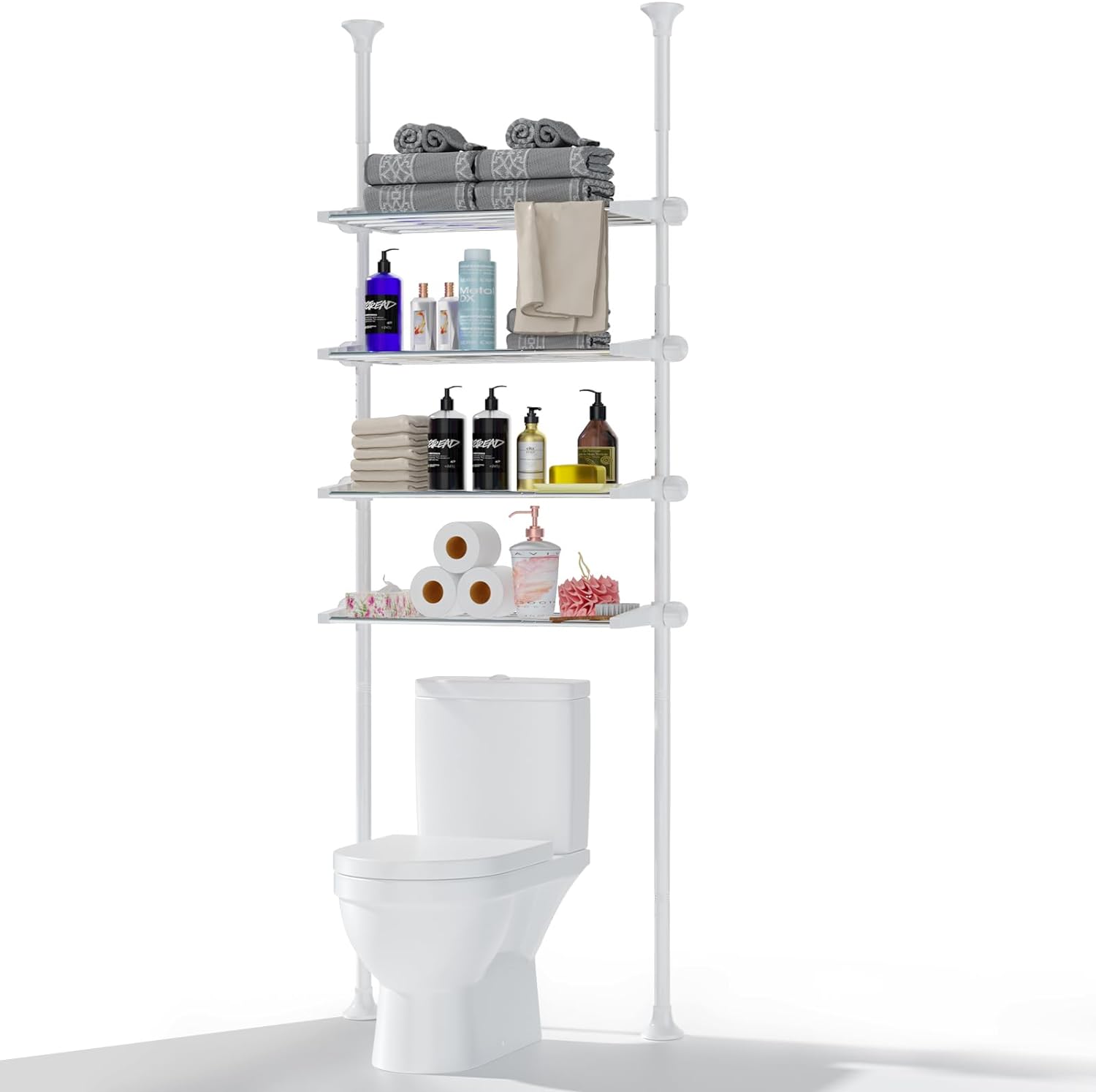 YeYeBest Over The Toilet Storage, Bathroom Organizer 4-Tier Adjustable Shelves for Small Room, Saver Space, 91 to 124 Inch Tall Stainless Steel White