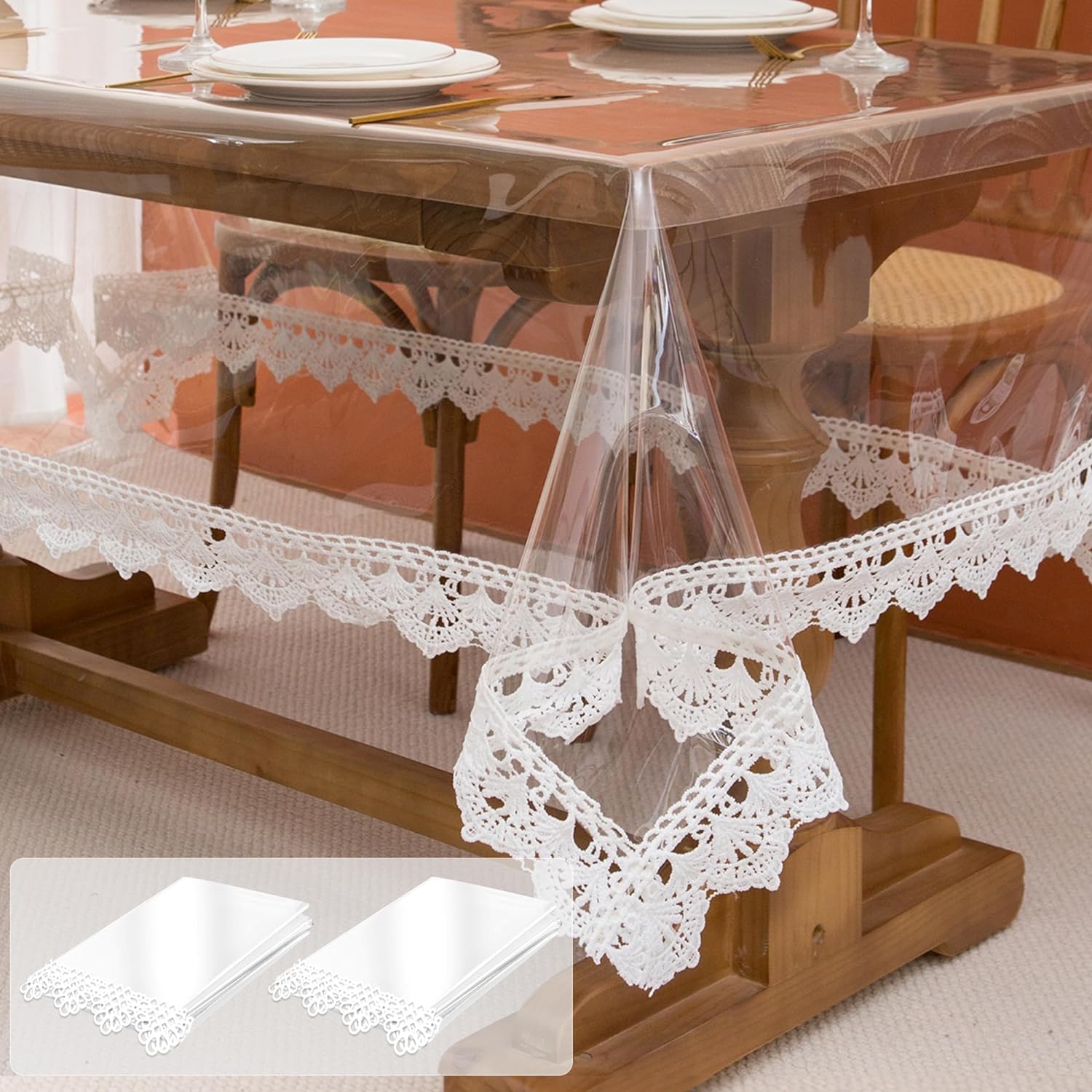 sancua 2 Pack Clear Plastic Table Cover Protector 54 x 78 inch, Rectangle Transparent PVC Table Cloth with Lace Edge 100% Waterproof Vinyl Tablecloths for Dining Kitchen Indoor Outdoor 