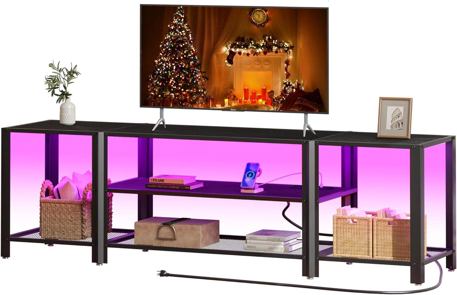 Tantmis Industrial TV Stand with Power Outlet for 55/65/70/75 inch TVs, 3-Tier Entertainment Center, TV Console Table with Open Storage Shelves, Wood TV Stand for Living Room, Bedroom, Black