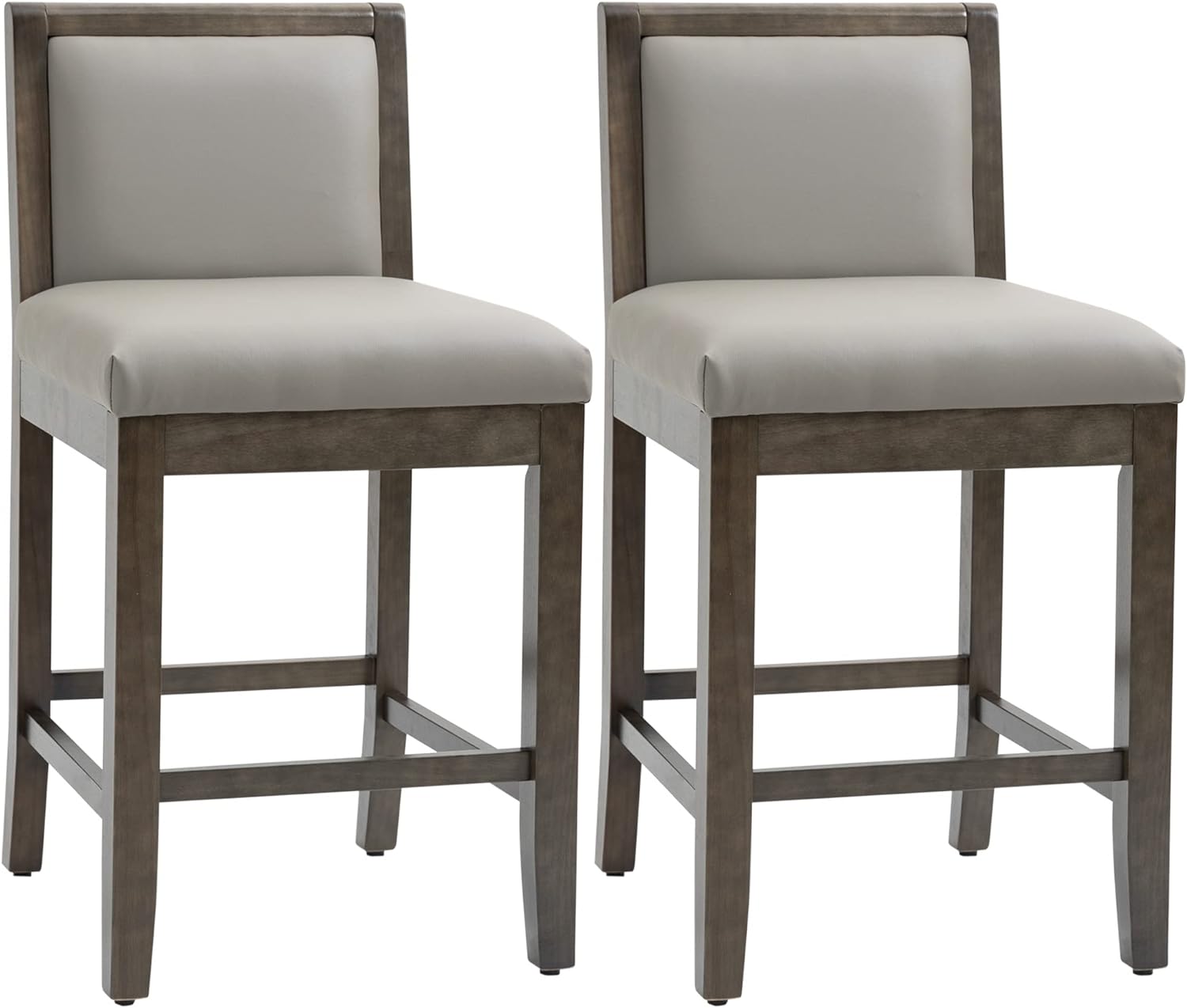 HOMCOM 25.5" Counter Height Bar Stools Set of 2, PU Leather Kitchen Stool, Upholstered Bar Chairs with Back, Wood Legs, Grey