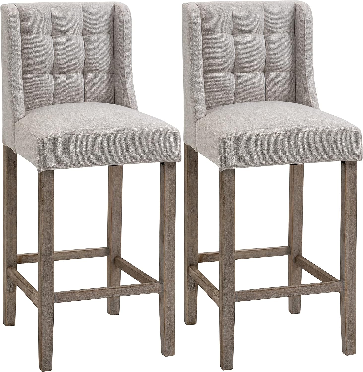 HOMCOM Modern Bar Stools Set of 2, Tufted Upholstered Barstools, Pub Chairs with Back, Rubber Wood Legs for Kitchen, Dinning Room, Beige