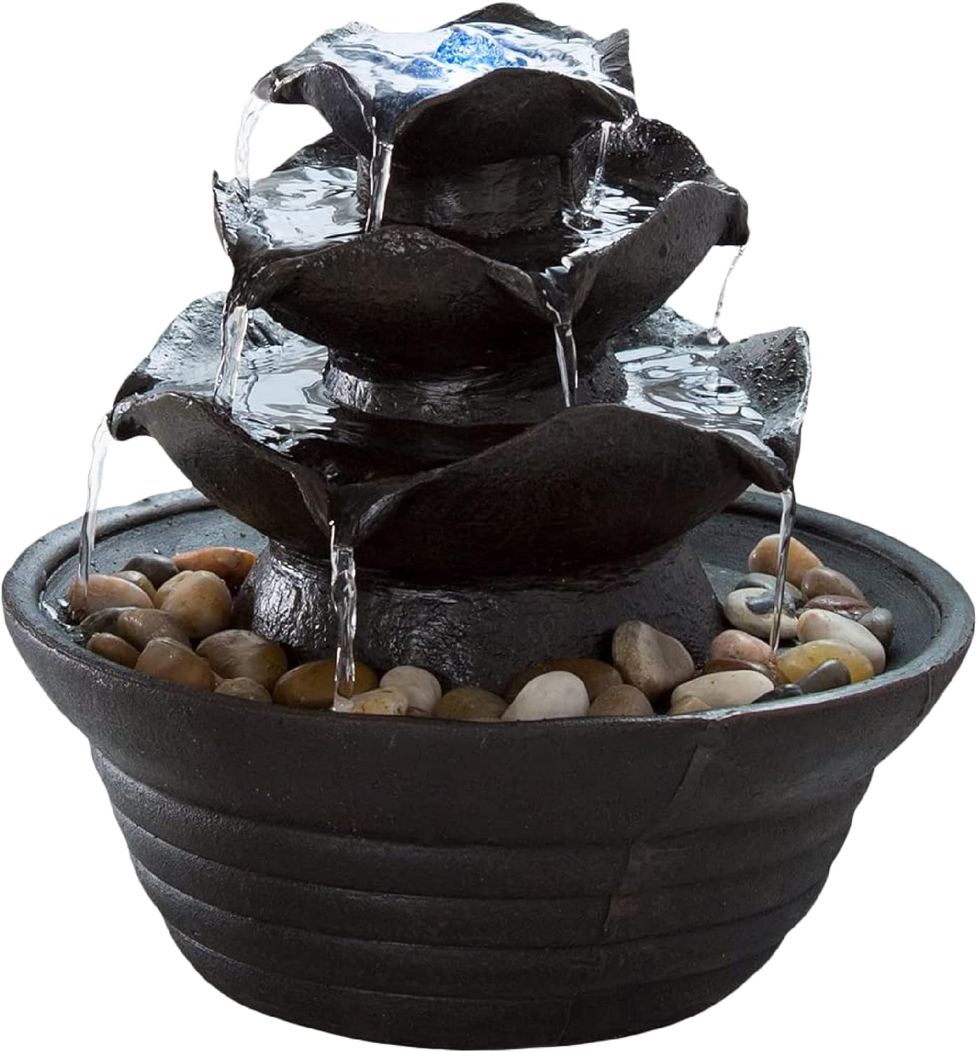 Indoor Water Fountain With LED Lights- Lighted Three Tier Soothing Cascading Tabletop Fountain With Rocks for Office and Home Dcor By Pure Garden, Black