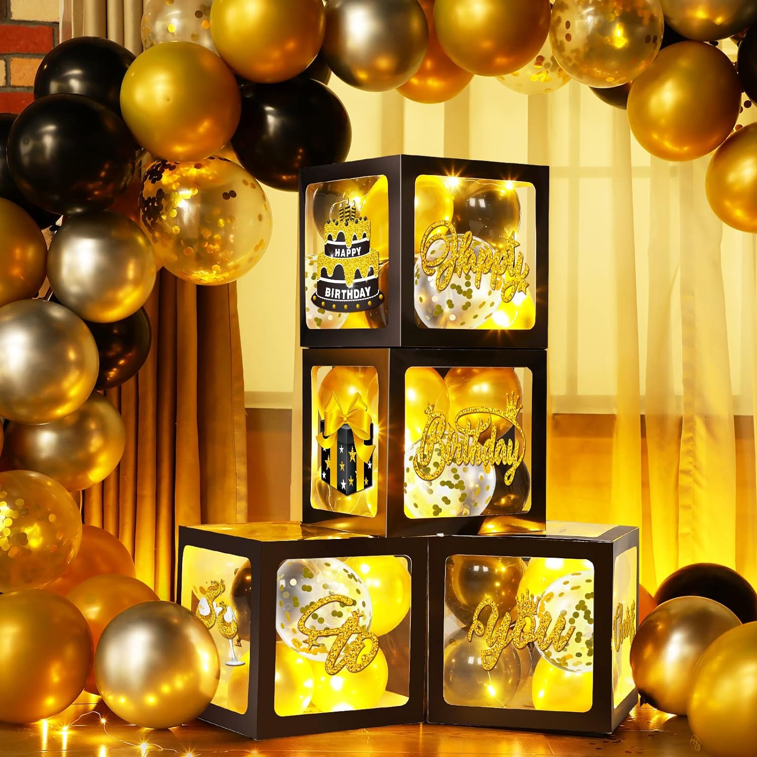 51 Pcs Gold and Black Party Decorations Kit Birthday Balloon Boxes with Balloons and LED Light Strings Gold and Black Birthday Backdrop Photo Props for Men Women Birthday Party Supply Balloon Arch Kit