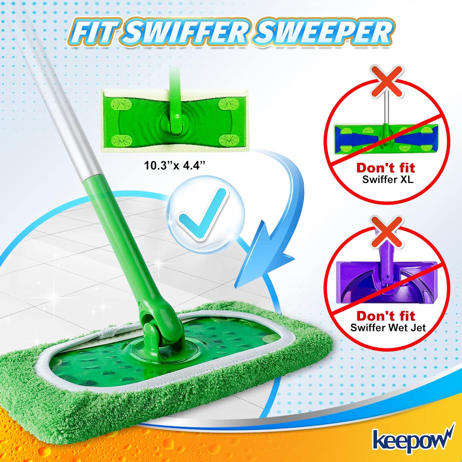 KEEPOW Reusable Microfiber Mop Pads for Swiffer Sweeper Mop, Washable Wet Pad Refills for Wet & Dry Use, Microfiber Dry Sweeping Cloths for Hardwood Floor Cleaning, 2 Pack (Mop is Not Included)