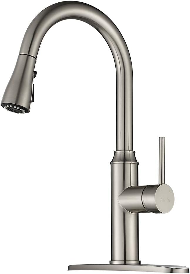 Arofa Kitchen Faucet with Pull Down Sprayer - Brushed Nickel Kitchen Sink Faucets 1/3 Hole Single Handle High Arc Stainless Steel Commercial Modern Faucet A01LY