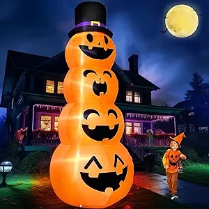 TURNMEON 12 FT Giant Halloween Inflatables Stacked Pumpkins with Witch Hat LED Lights 7 Stakes 4 Tethers 2 Weight Bags Blow Up Halloween Decorations Outdoor Yard Garden Lawn Home