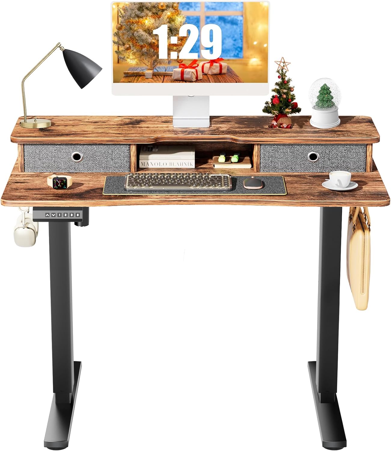 Sweetcrispy Electric Standing Desk Adjustable Height with Drawers, 40 x 24 inch Stand up Sit to Stand Desk, Ergonomic Home Office Computer Gaming Work Rising Desk with Storage Shelf, Rustic Brown