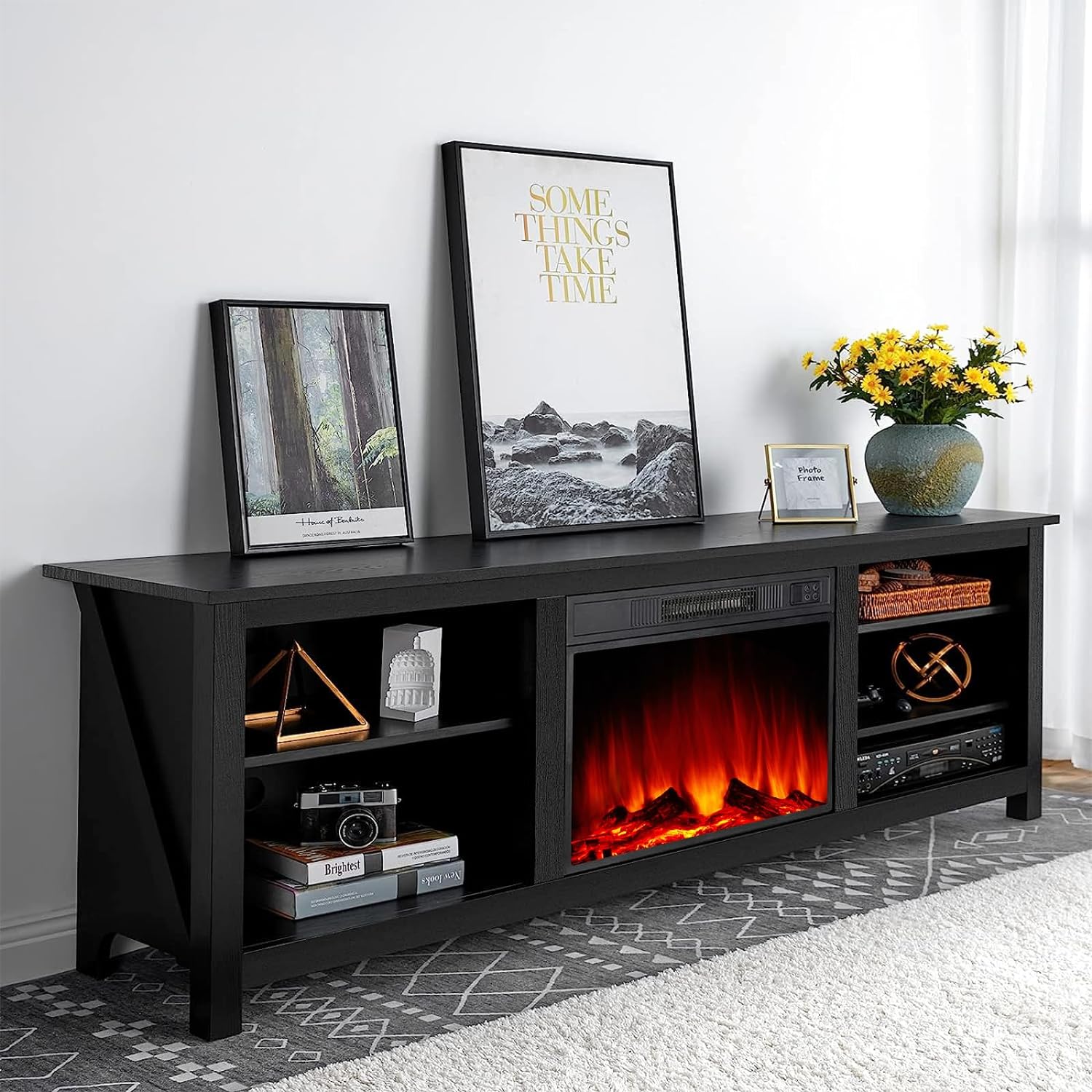 Fireplace TV Stand, Wood Texture Entertainment Center with 23'' Electric Fireplace, Farmhouse Entertainment Stand Media TV Console for TVs Up to 80'', 70 inches, Black