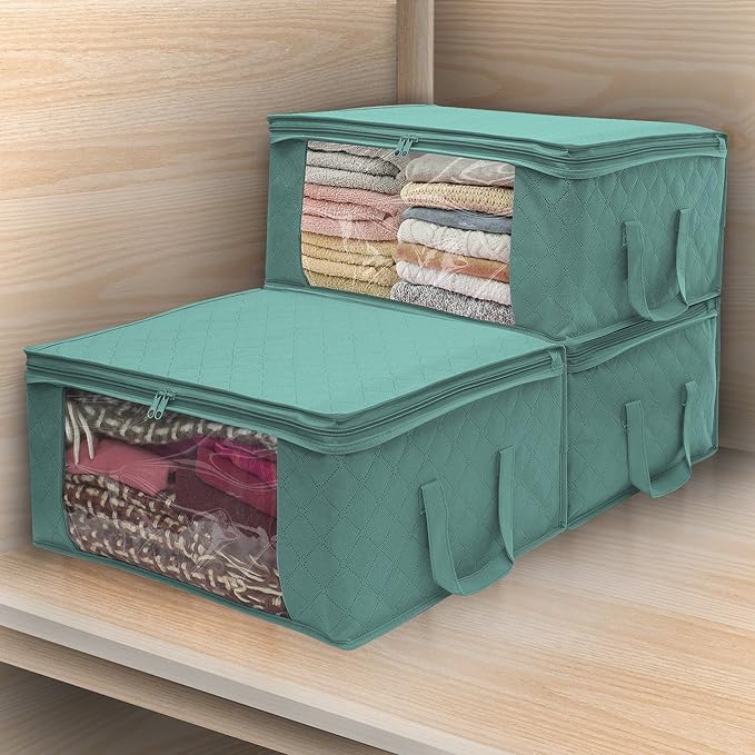 Sorbus Foldable Storage Bag Organizers, Large Clear Window & Carry Handles, Great for Clothes, Blankets, Closets, Bedrooms, and More (3-Pack, Teal)