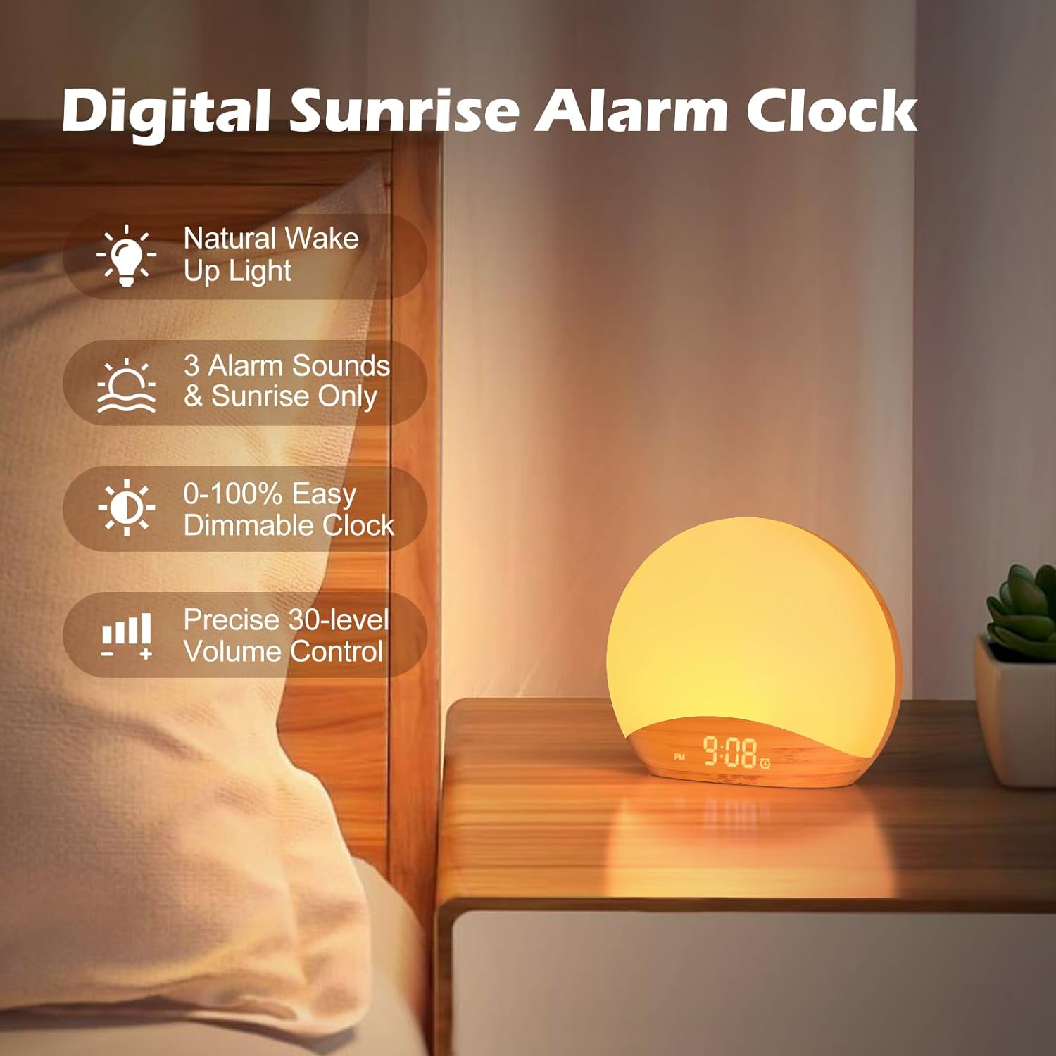 REACHER Wood Grain Sunrise Alarm Clock and Sound Machine Nightlight, Digital Dimmable Clock for Bedroom, 26 Sleep Sounds, White Noise Machine for Baby, Adults, Wake Up Light Alarm Clock for Kids