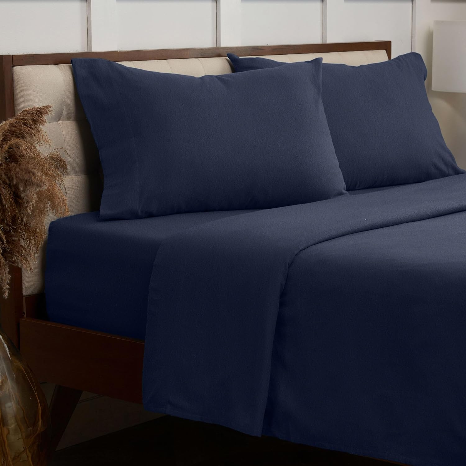 Mellanni 100% Cotton Flannel Full Sheets Set - Double Brushed for Extra Softness & Warmth - Luxury Lightweight Navy Blue Sheets Set - Deep Pocket Fitted Sheet up to 16 inch - 4 PC Set (Full, Navy) 