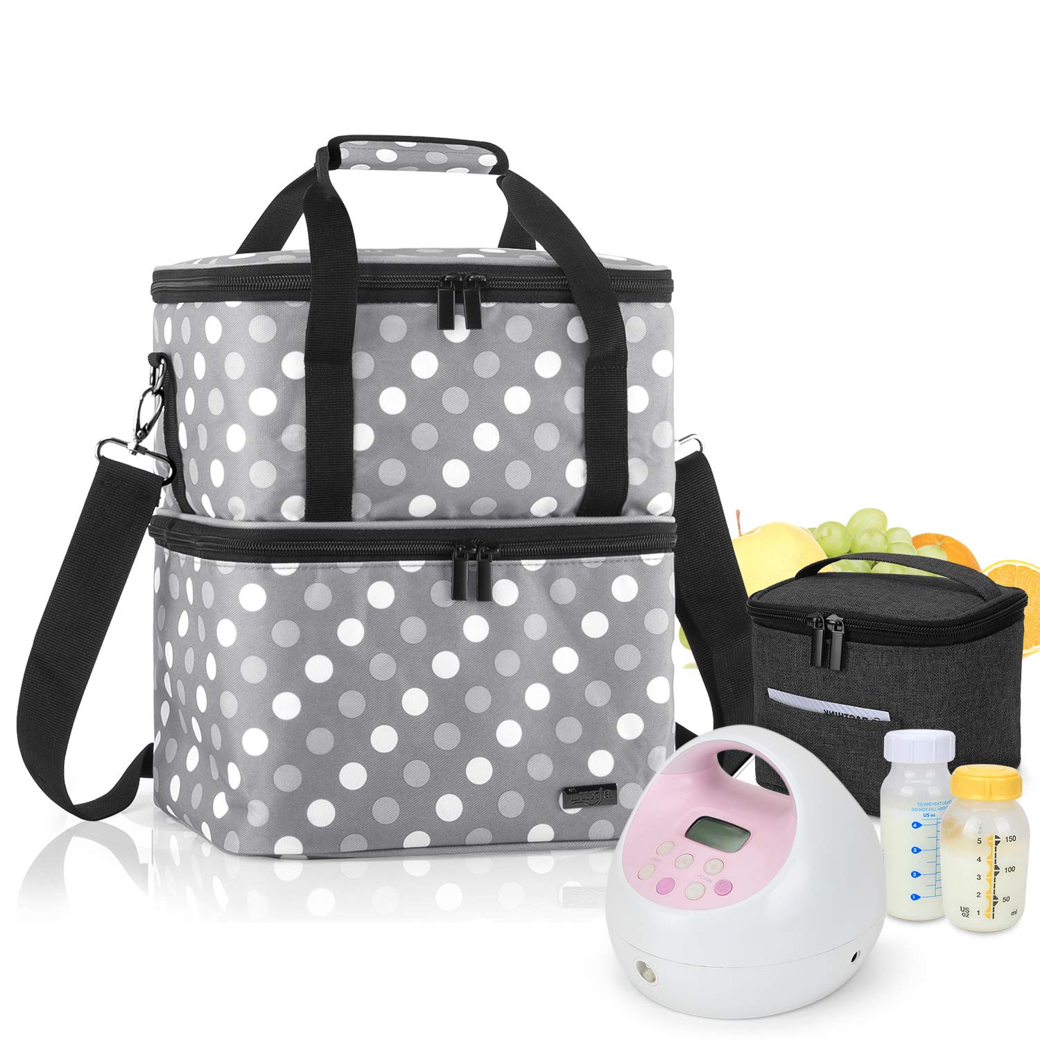 Luxja Breast Pump Bag with 2 Insulated Compartments for Breast Pump and Cooler Bag, Pumping Bag for Working Mothers (Fits Most Major Breast Pump), Gray Dots