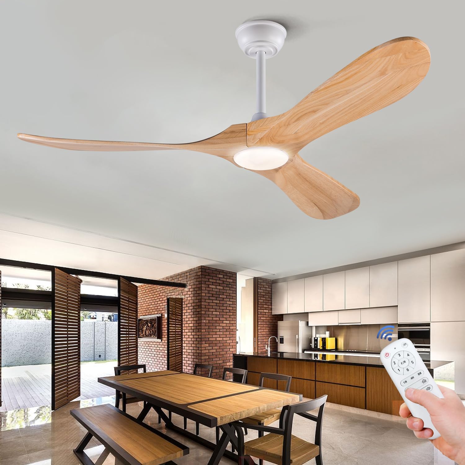 BOJUE 52 Ceiling Fan with Lights Indoor Outdoor Ceiling Fan 3 Wooden Blades Remote Control with Light Modern Ceiling Fan for Porch Living Room Bedroom