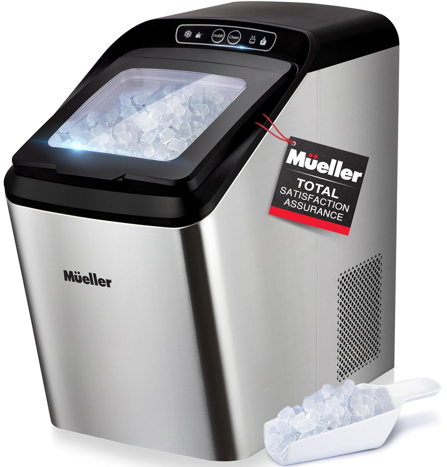 Ive had this ice maker for a few months now and its been great. I love the size of the pellets and they are soft enough to crunch without damaging your teeth. Kind of like Sonic ice. I keep it unplugged when we dont need ice and when I start it back up to replenish, it makes a good amount of ice within 30 minutes or so. So I am happy with the speed. The ice maker makes a hum noise that is to be expected for an ice maker but is not loud enough to interfere with conversation or tv watching. The