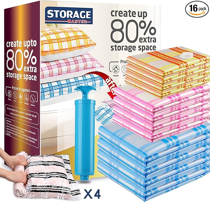 Storage Master 16 Vacuum Storage Bags, Space Saver Bags, 16-Pack (4 Jumbo, 4 Large, 4 Medium, 4 Roll-Up) with Hand Pump (16-Combo)