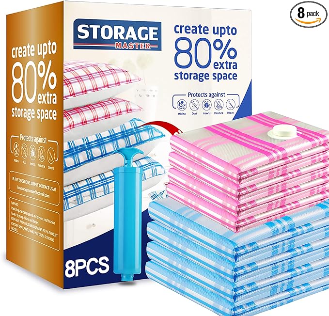Storage Master Space Saver Bags, Vacuum Storage Bags for Clothes, 8-Pack (4 Jumbo, 4 Large) with Hand Pump (8-Combo)