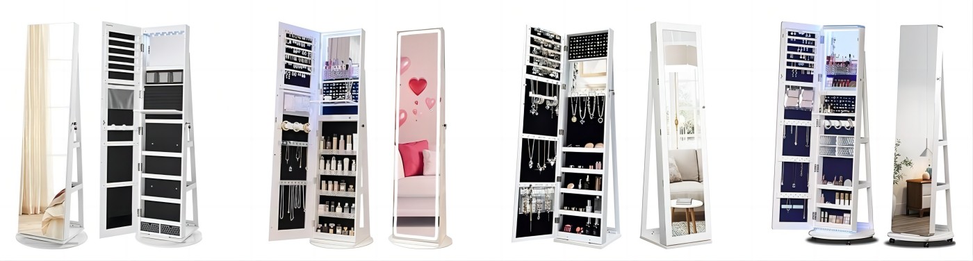 LOKO 360 Swivel Jewelry Cabinet, Lockable Jewelry Organizer with Rear Storage Shelves, Standing Jewelry Armoire with Full-Length Mirror & 3-Color LED Lights, for Girls Women, Bedroom (White)