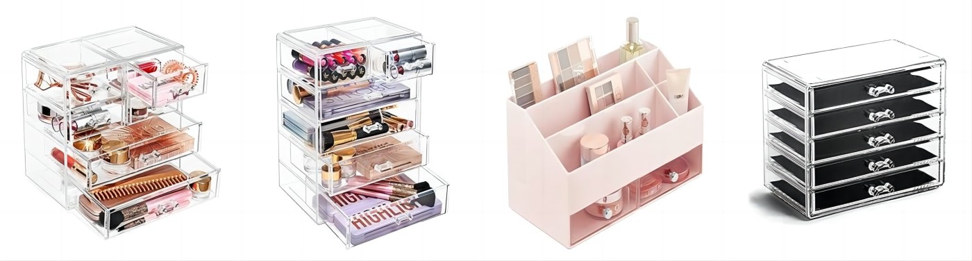 ZHIAI Makeup Organizer Acrylic Cosmetic Storage Drawers and Jewelry Display Box Transparent (Style A(Pink Diamond): 1 Top, 2 Small, 2 Large, 2 Square Drawers)