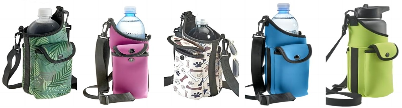 AquaPockets Water Bottle Carrier Bag - Insulating Neoprene Bottle Holder with Phone Case, Pockets and Adjustable Strap for Walking and Hiking - Fits up to 40 oz. Bottles