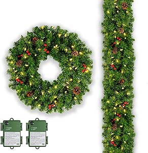Pre-Lit Artificial Christmas Wreath Garland Set, 23.6inch Wreath and 8.8 Feet Garland with Pines Cones, Berry Clusters, Frosted Branches, 100 LED Warm Lights for Indoor Outdoor Christmas Decorations