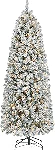 Yaheetech 6ft Pre-lit Snow Flocked Pencil Christmas Tree Fir Hinged Slim Corner Xmas Tree Holiday Decoration with 250 Incandescent Warm White Lights & 814 Snow Branch Tips, White